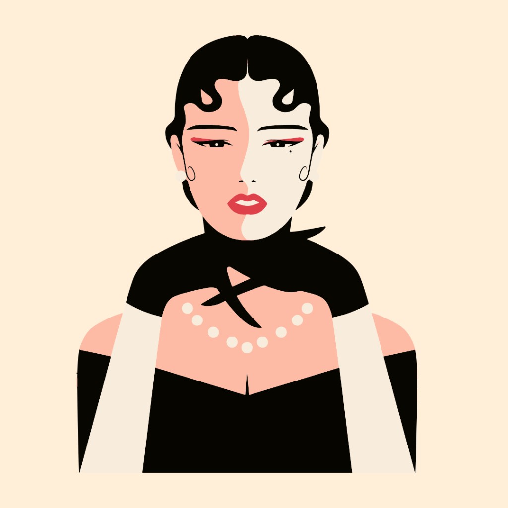 时尚插画：黑白礼服与珍珠项链的女性肖像