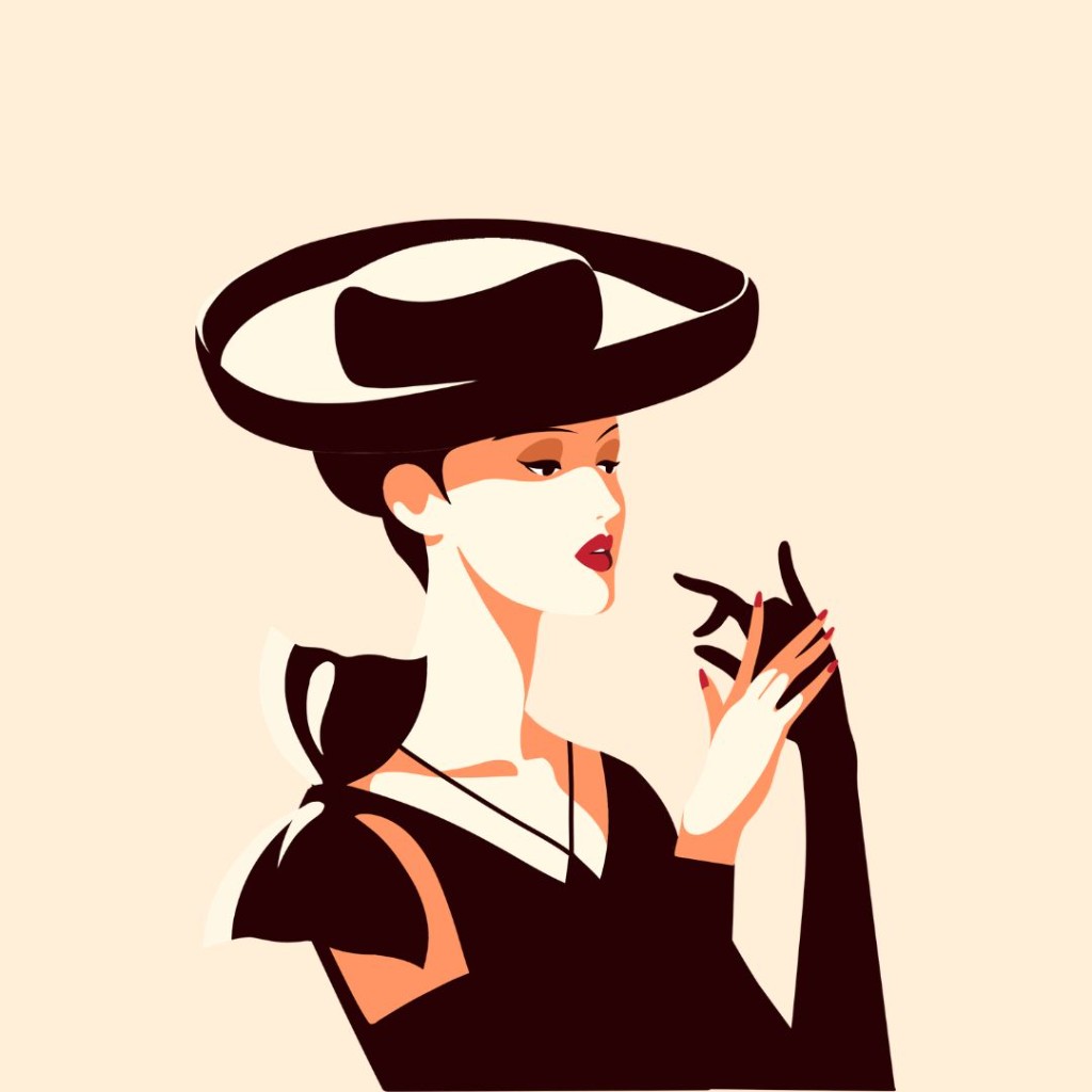 时尚插画：戴宽檐礼帽与长手套的女性