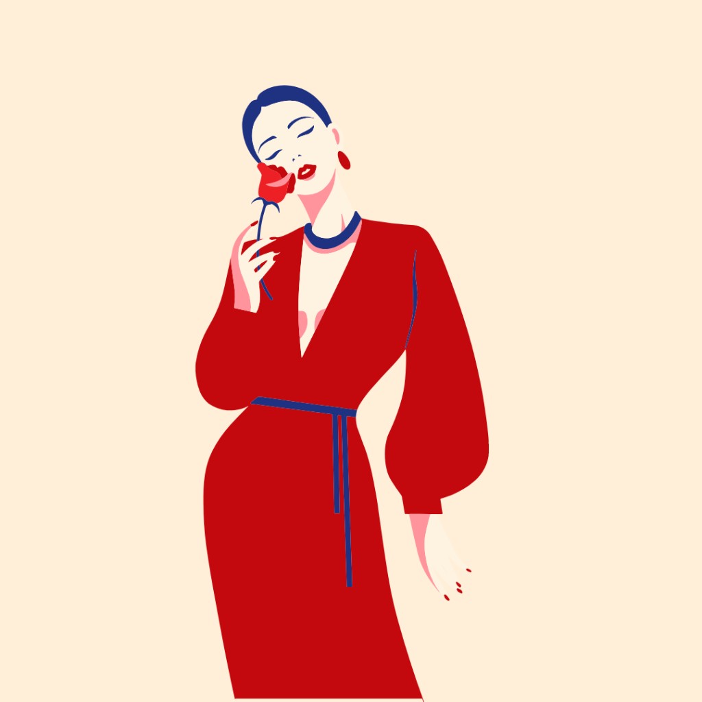 时尚插画：身着红裙手持玫瑰的女性